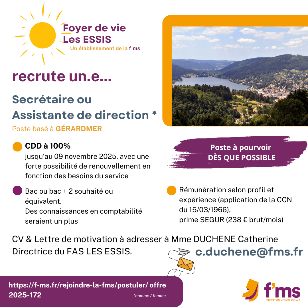 Le FAS les ESSIS recrute assistant-e de direction federation medico sociale fms postuler2025 2025 172 CDD TPS PLEIN FAS LES ESSIS Assistant direction HF 169 FMS | Fédération Médico Sociale