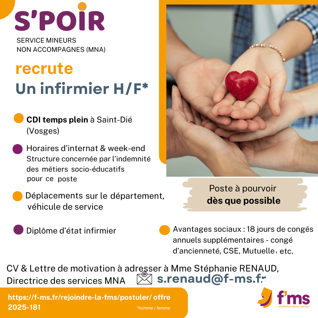S'POIR recrute IDE H/F en CDI temps plein federation medico sociale fms postuler2025 2025 181 CDI TPS PLEIN S POIR INFIRMIER HF 176 FMS | Fédération Médico Sociale