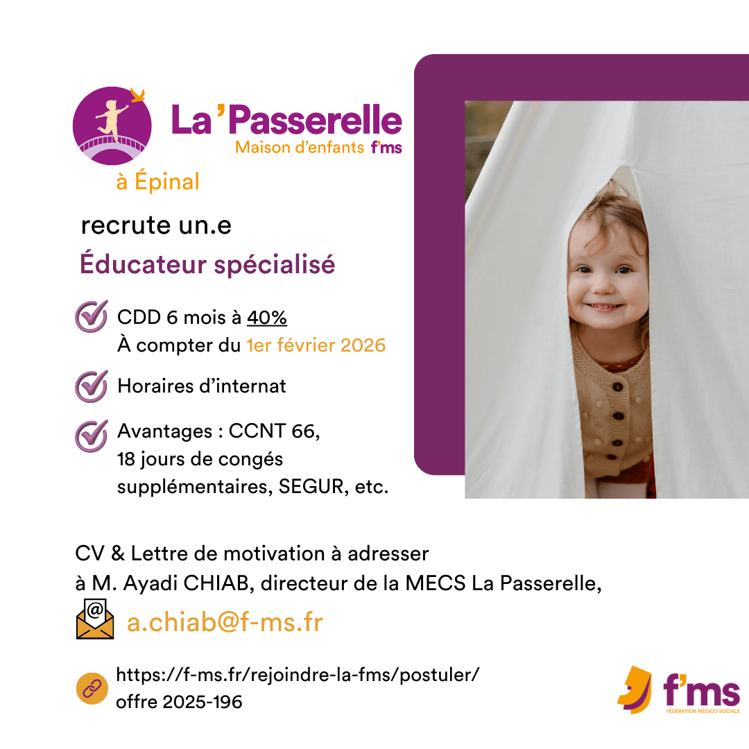 La Passerelle recrute ES en CDD six mois federation medico sociale fms postuler2025 2025 196 La Mecs La Passerelle recrute ES CDD Tps Partiel HF 189 FMS | Fédération Médico Sociale