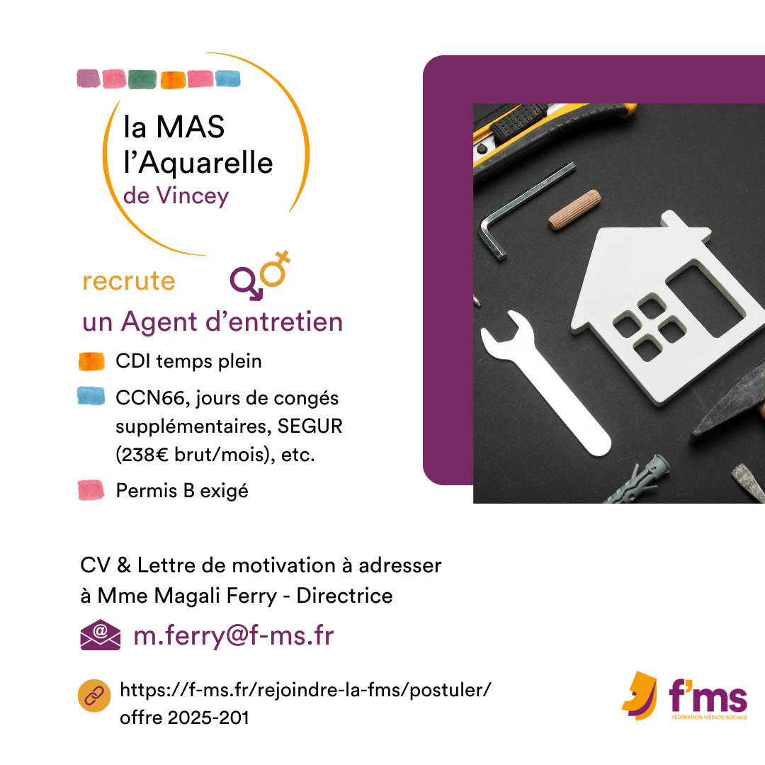 La Mas L'aquarelle recrute agent entretien HF, au 2 janvier 2026 federation medico sociale fms postuler2025 2025 201 CDI TPS PLEIN MAS AQUARELLE Agent entretien HF 194 FMS | Fédération Médico Sociale