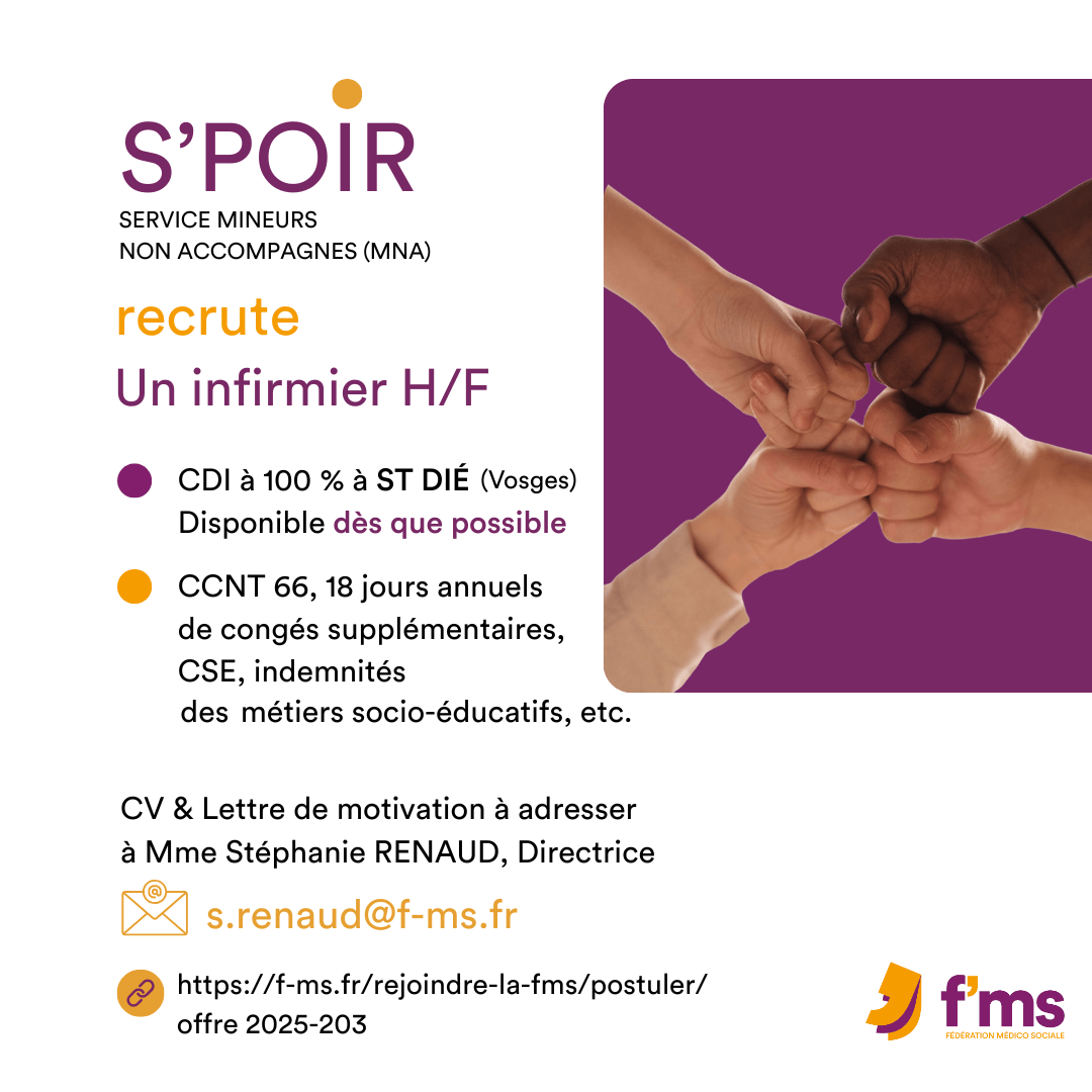 Le service S'POIR recrute infirmier HF en CDI temps plein federation medico sociale fms postuler2025 2025 203 CDI TPS PLEIN SPOIR recrute INFIRMIER HF 196 FMS | Fédération Médico Sociale