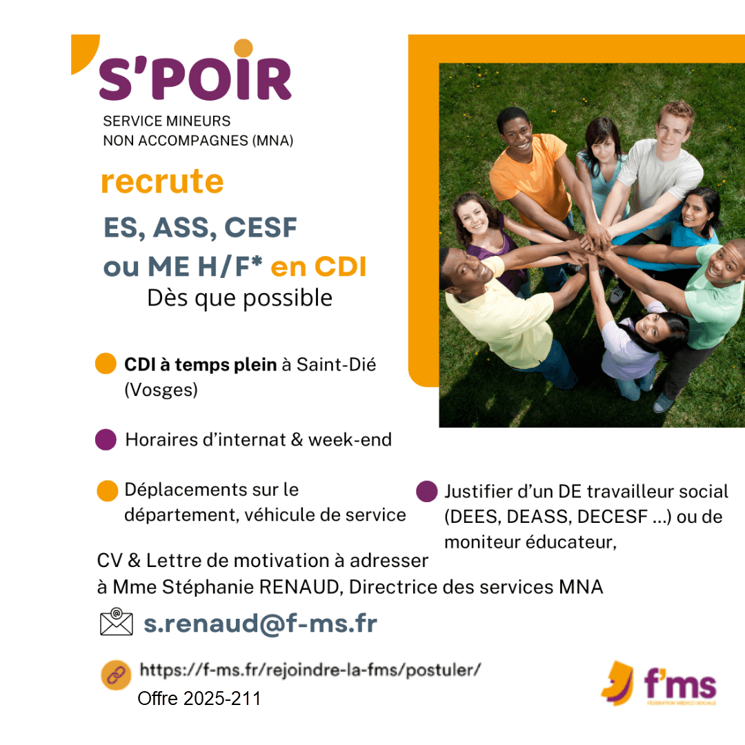 S'POIR recrute ES ASS CESF ou ME en CDI 100% federation medico sociale fms postuler2025 2025 211 S POIR ES ASS CESF ME hf 202 FMS | Fédération Médico Sociale