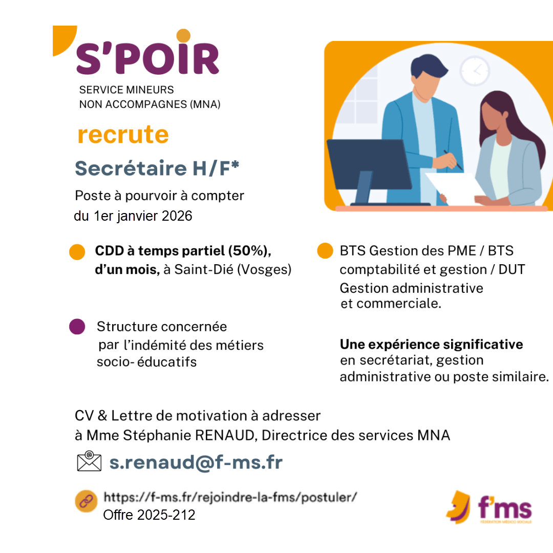 S'POIR recrute secrétaire mi-temps Saint-Dié CDD 50% federation medico sociale fms postuler2025 2025 212 S POIR Secretaire HF 203 FMS | Fédération Médico Sociale